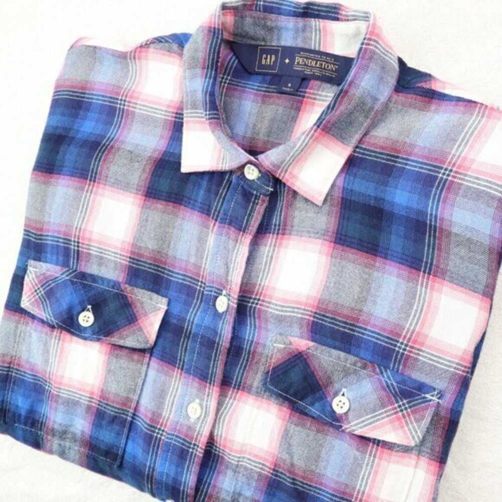 Gap + Pendleton Shirt Womens S Top Navy Pink Button Down Blouse Plaid Small